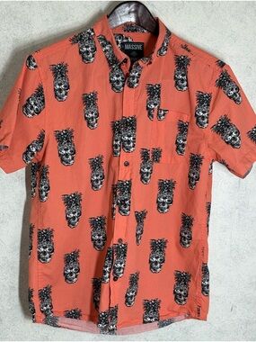 Super Massive Coral Short-Sleeve Button-Down Shirt with Black Pineapple Skulls